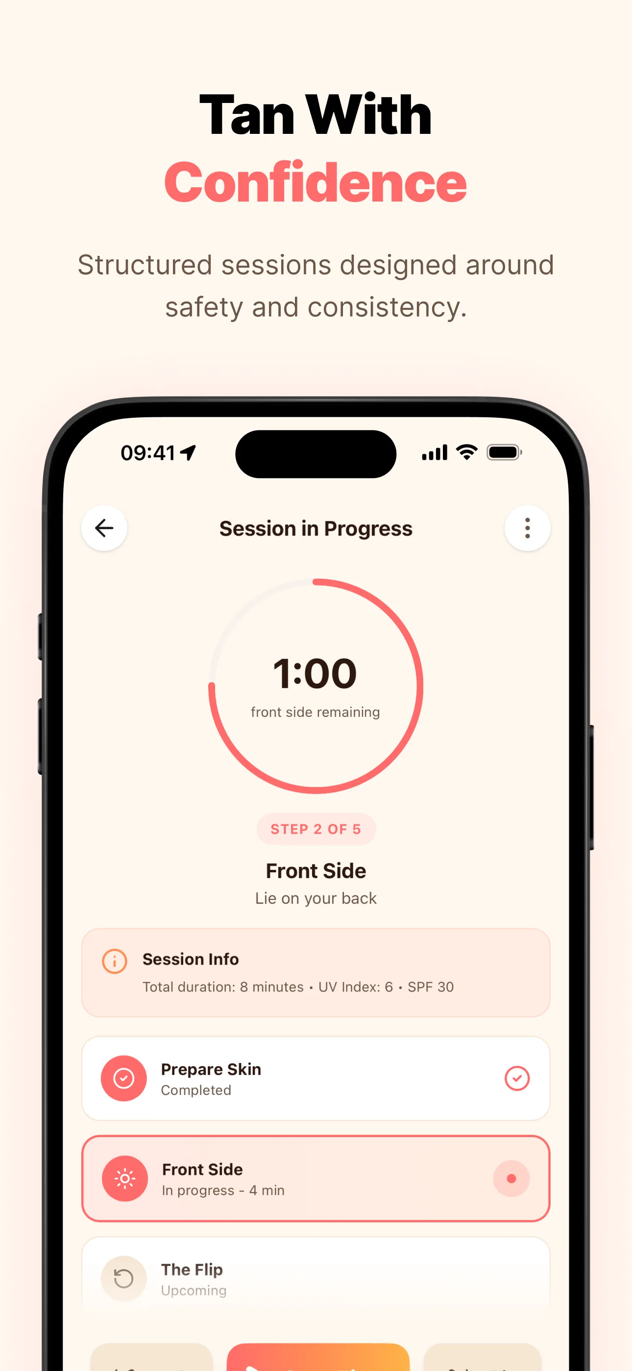 Active Session - Guided 5-step tanning flow